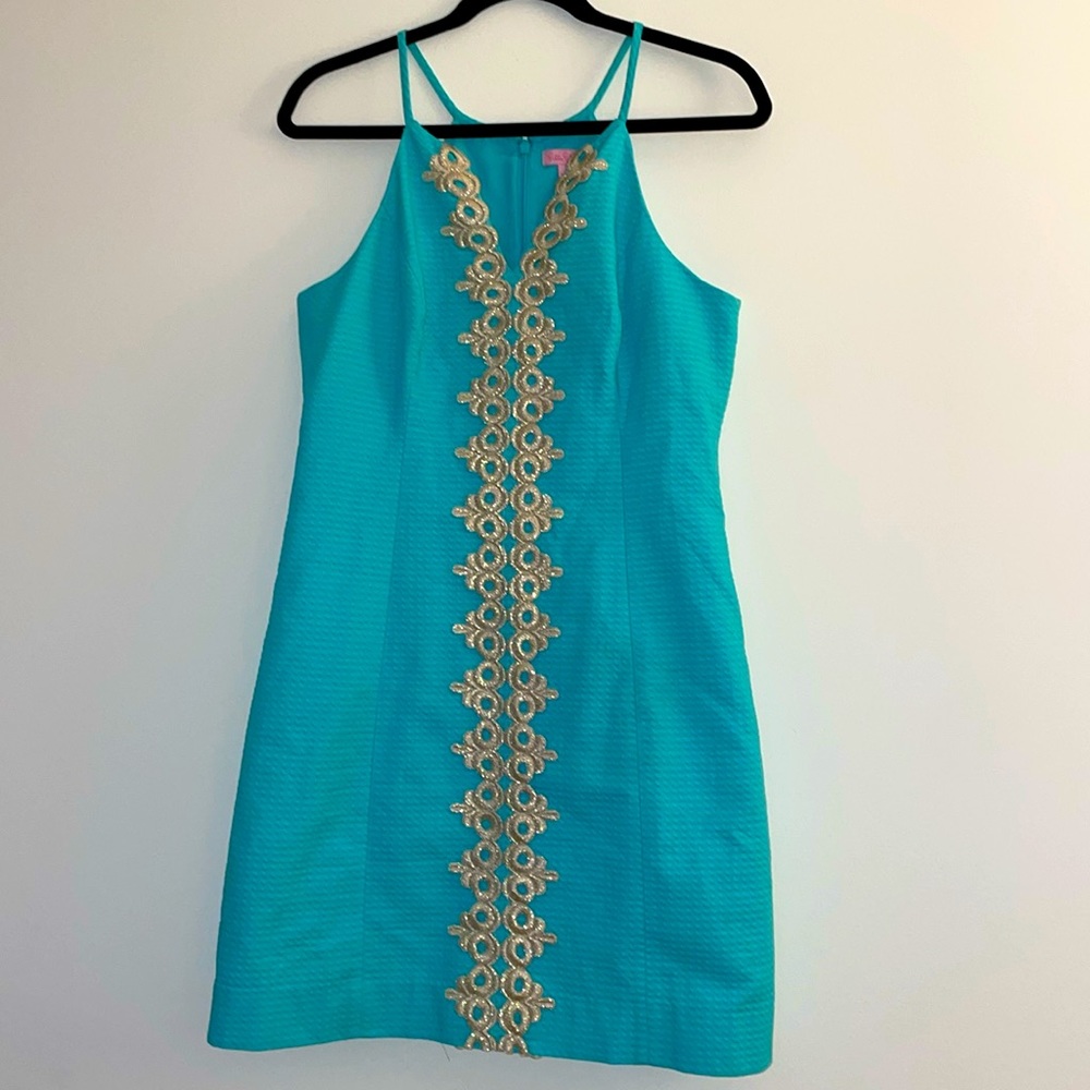 Lilly Pulitzer Pearl Seaside Aqua Metallic Gold Lace Shift Dress